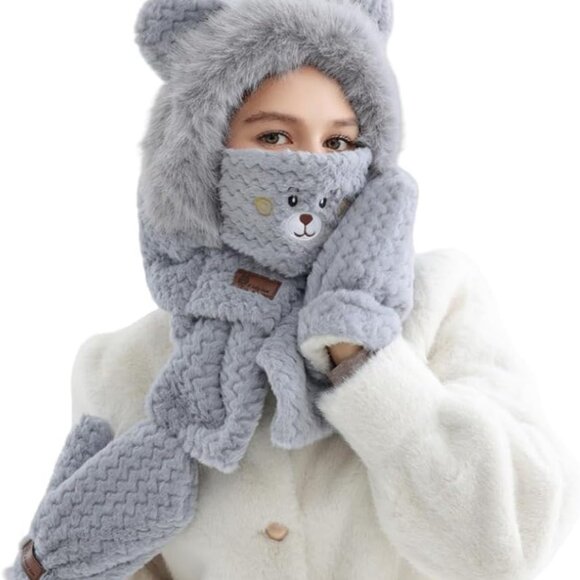 Accessories - Women's Faux Fur 4-in-1 Winter Hat Scarf Gloves Set Bear Ear Beanie Warm